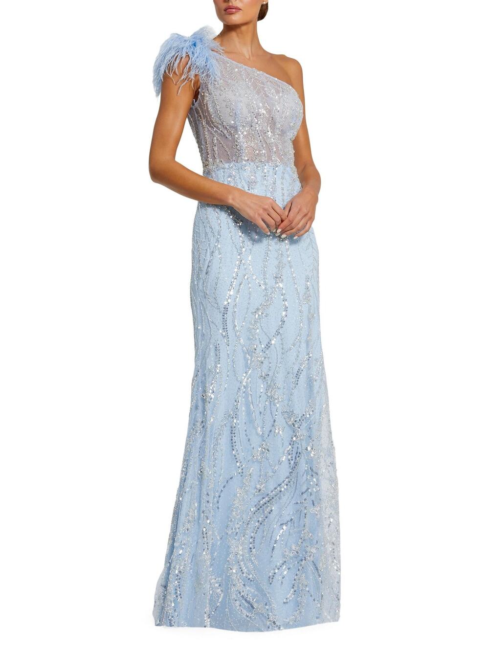 Mac Duggal Feather-Trimmed Sequined One-Shoulder Gown - 4